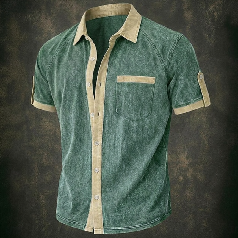Vintage Washed Contrast Trim Pocket Short Sleeve Shirt For Men