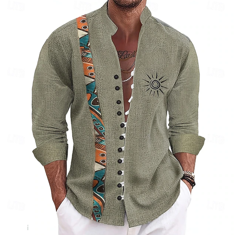 Boho Ethnic Print Sun Embroidery Linen Shirt For Men