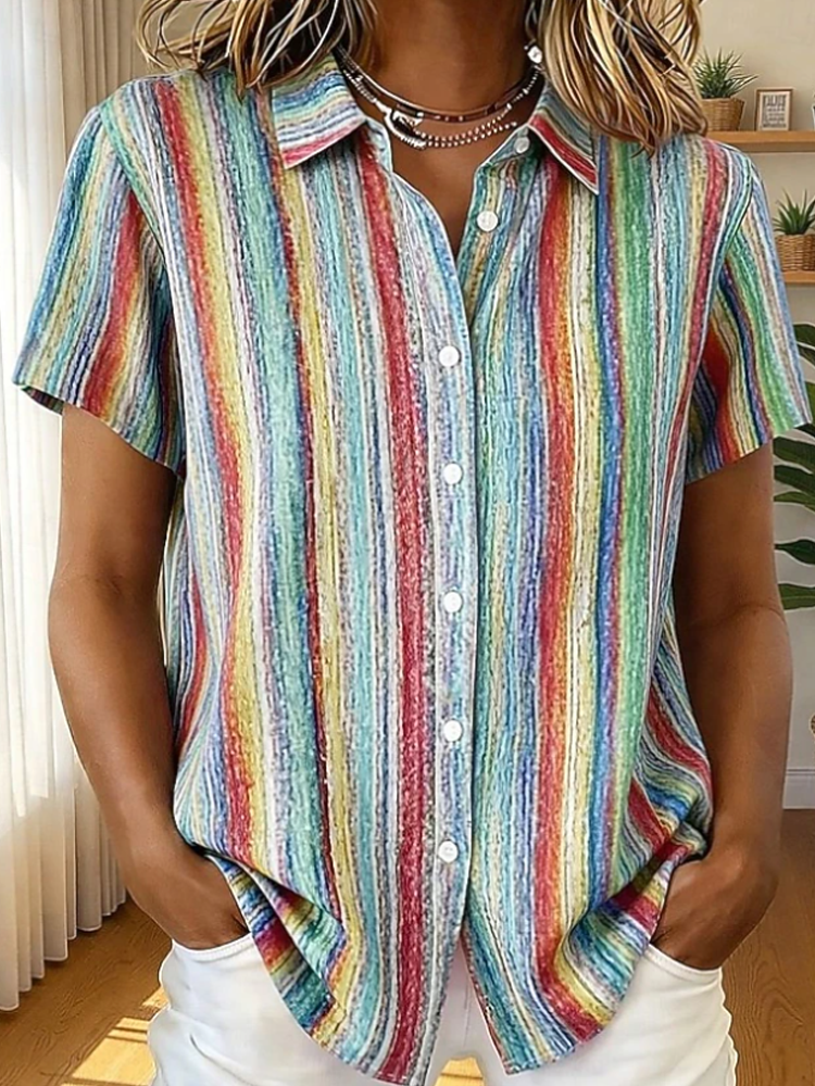 Women Rainbow Vertical Stripe Short Sleeve Button Down Shirt
