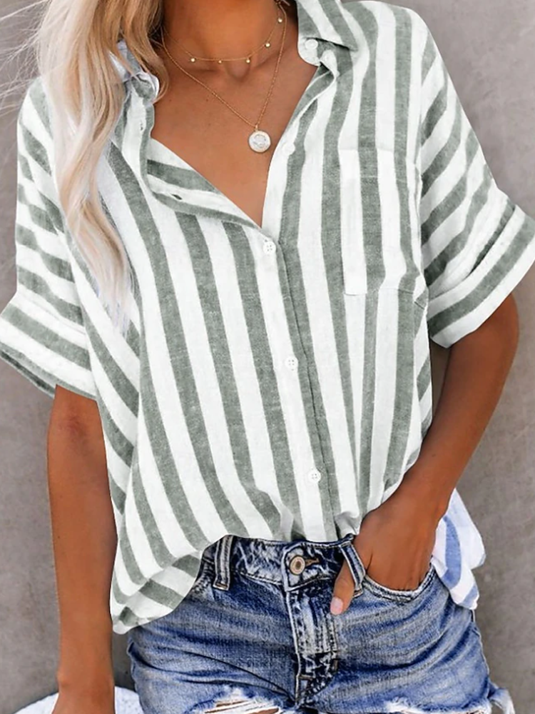 Women Vertical Stripe Rolled Short Sleeve Pocket Button Down Shirt