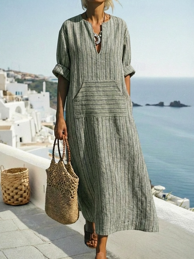 Women Striped Linen Roll Sleeve Pocket Split Neck Maxi Dress