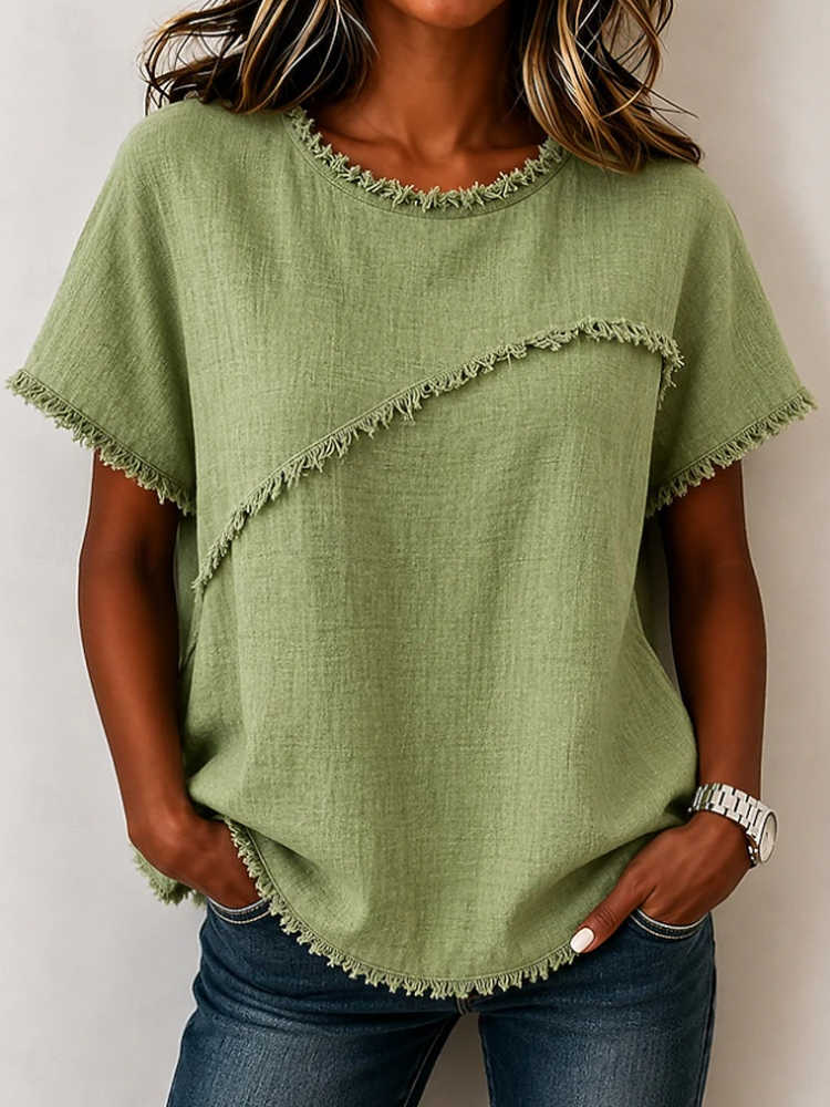 Women Fringe Trim Round Neck Short Sleeve Linen Blouse