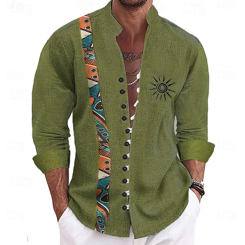 Boho Ethnic Print Sun Embroidery Linen Shirt For Men