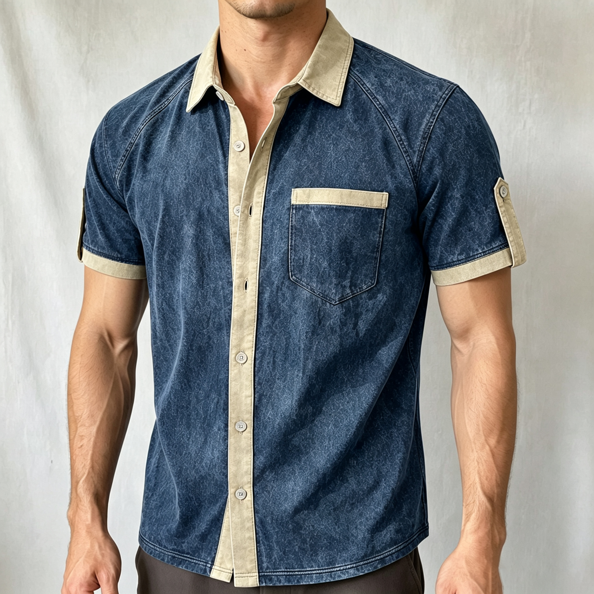 Vintage Washed Contrast Trim Pocket Short Sleeve Shirt For Men