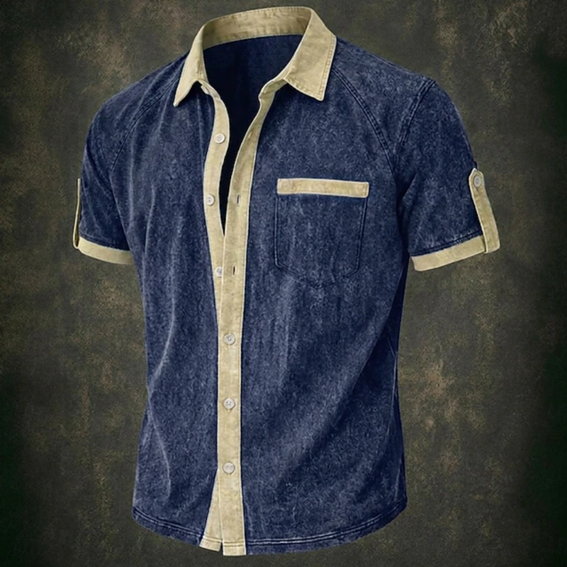 Vintage Washed Contrast Trim Pocket Short Sleeve Shirt For Men