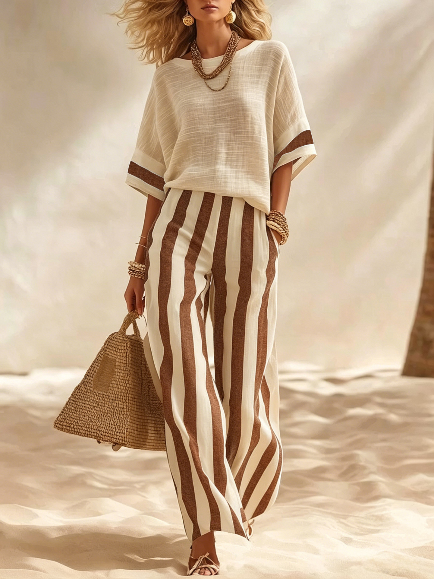 Beige Textured Cotton-linen Color-block Top & Blue-white Striped Elastic Waist Wide-leg Pants Set