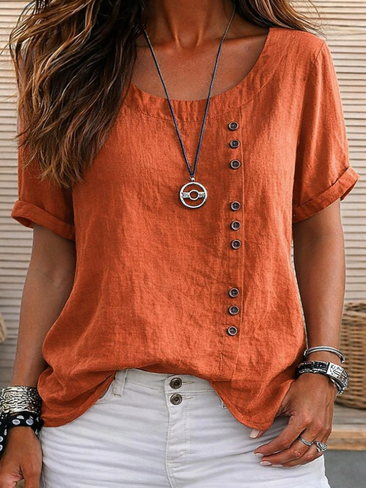 Women Round Neck Decorative Button Roll Sleeve Linen Blouse