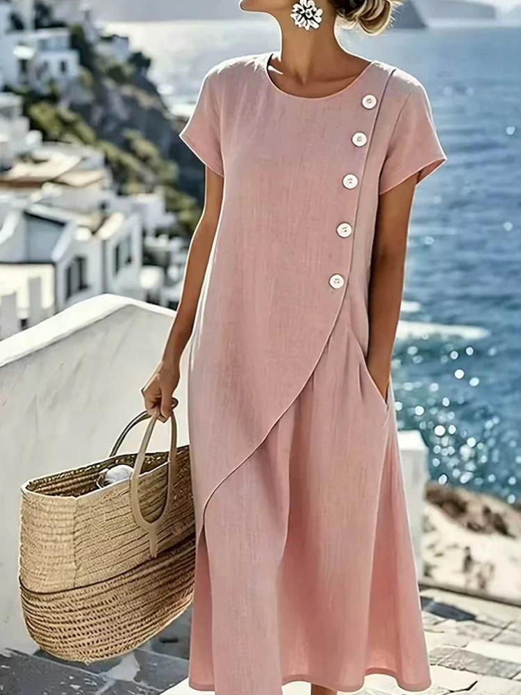 Asymmetric Side Button Linen Pocket Midi Dress For Women