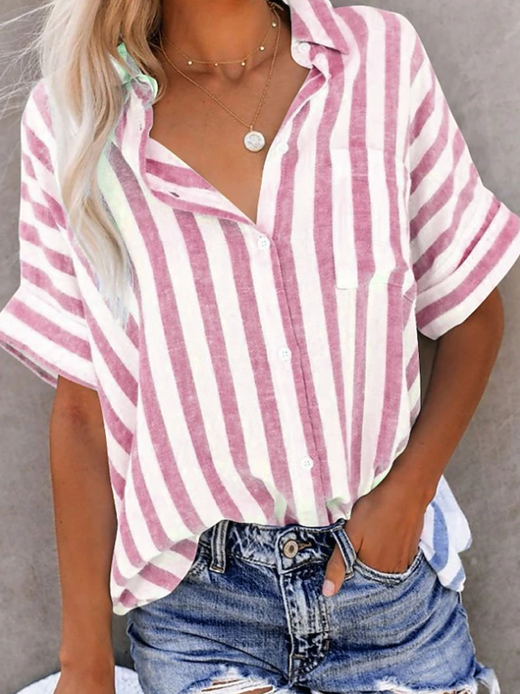 Women Vertical Stripe Rolled Short Sleeve Pocket Button Down Shirt