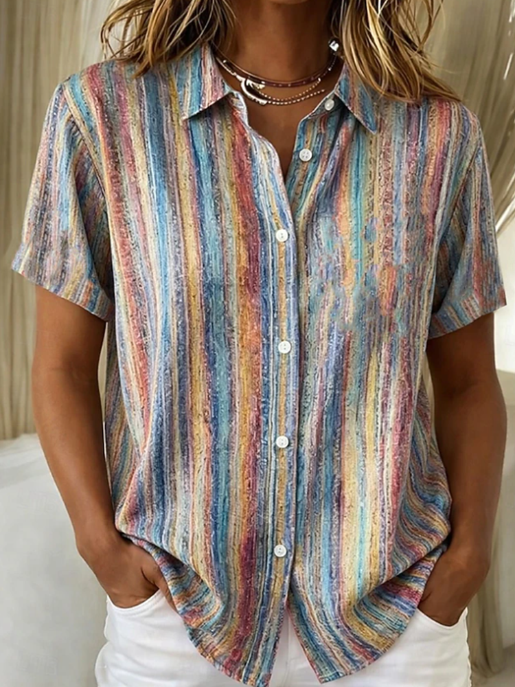 Women Rainbow Vertical Stripe Short Sleeve Button Down Shirt