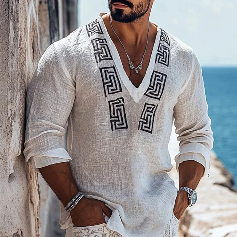 Geometric Embroidery V Neck Linen Roll Sleeve Shirt For Men