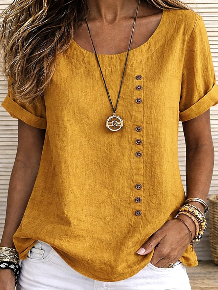 Women Round Neck Decorative Button Roll Sleeve Linen Blouse