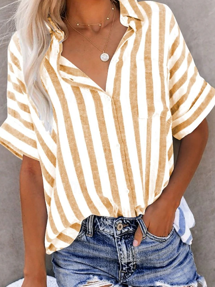 Women Vertical Stripe Rolled Short Sleeve Pocket Button Down Shirt