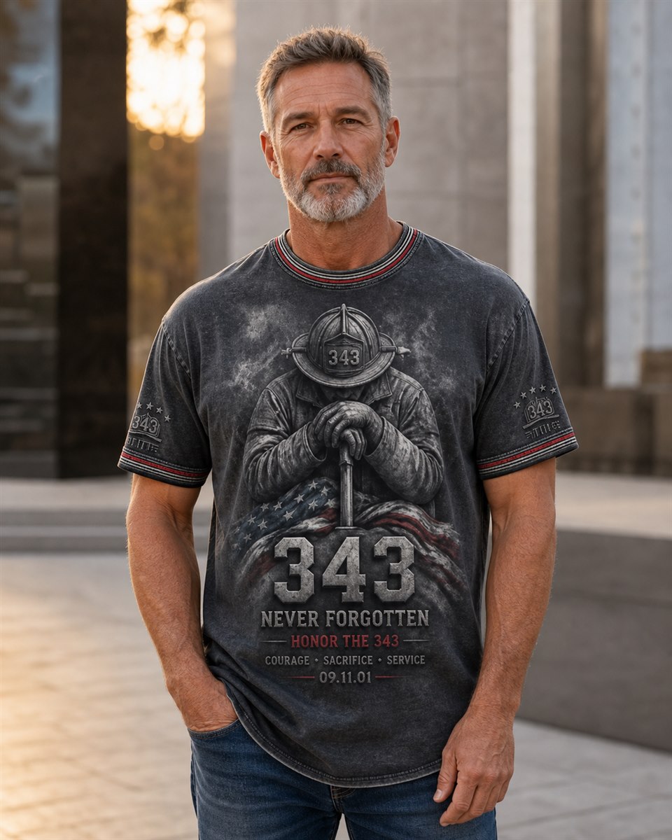 Mature male model wearing the charcoal Never Forgotten 343 memorial T-shirt