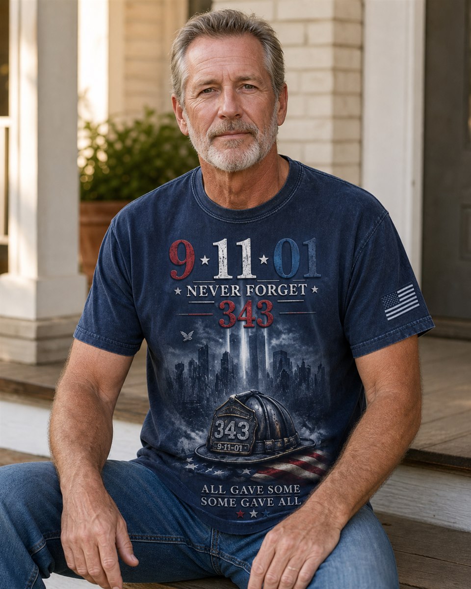 Mature male model wearing the navy Never Forget 343 memorial T-shirt