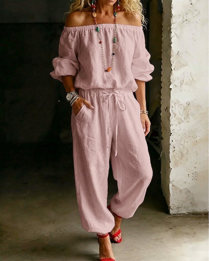 LuxeSilhouette – Off-Shoulder Tie Waist Jumpsuit