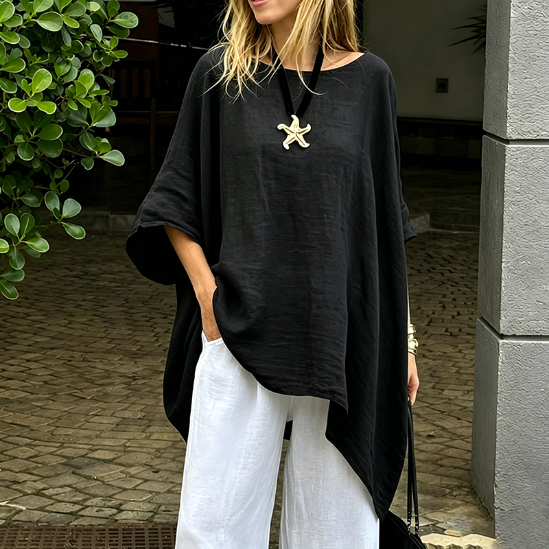 Women's Irregular Hem Cotton Linen Shirt, Fashionable Solid Color Round Neck 34-Sleeve Casual Top