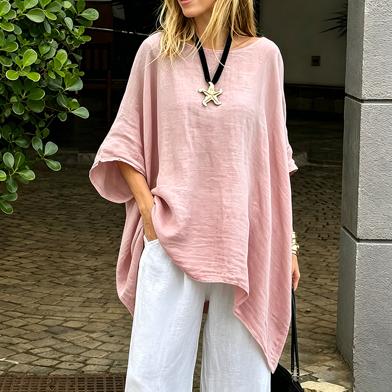 Women's Irregular Hem Cotton Linen Shirt, Fashionable Solid Color Round Neck 34-Sleeve Casual Top