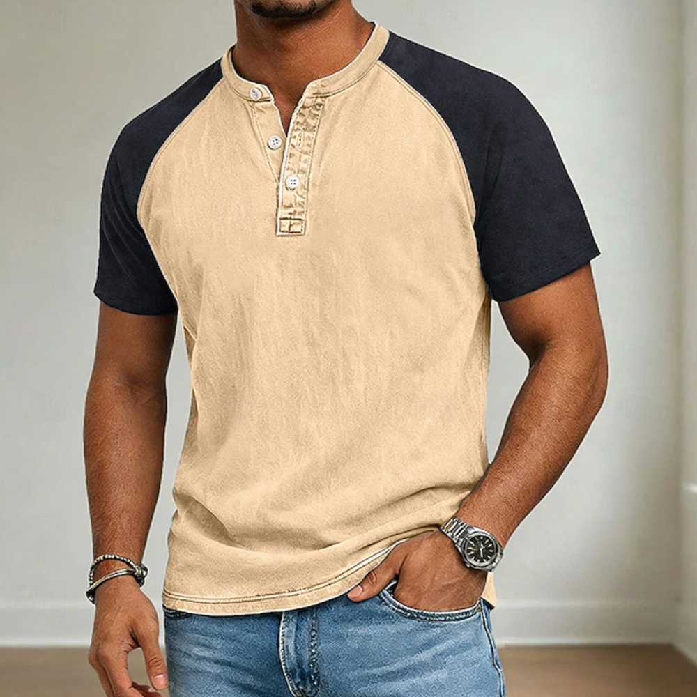 Color Block Raglan Sleeve Washed Denim Henley Tee For Men