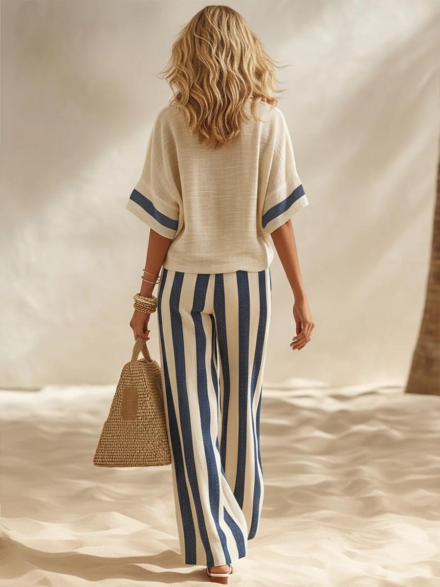 Beige Textured Cotton-linen Color-block Top & Blue-white Striped Elastic Waist Wide-leg Pants Set