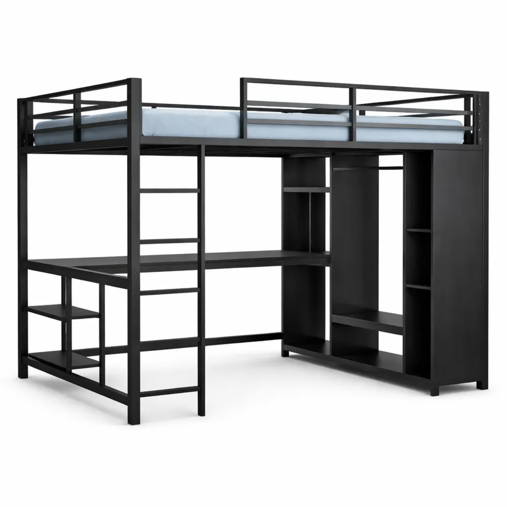 Letto a Soppalco Multiuso con Scrivania e Spazi Portaoggetti