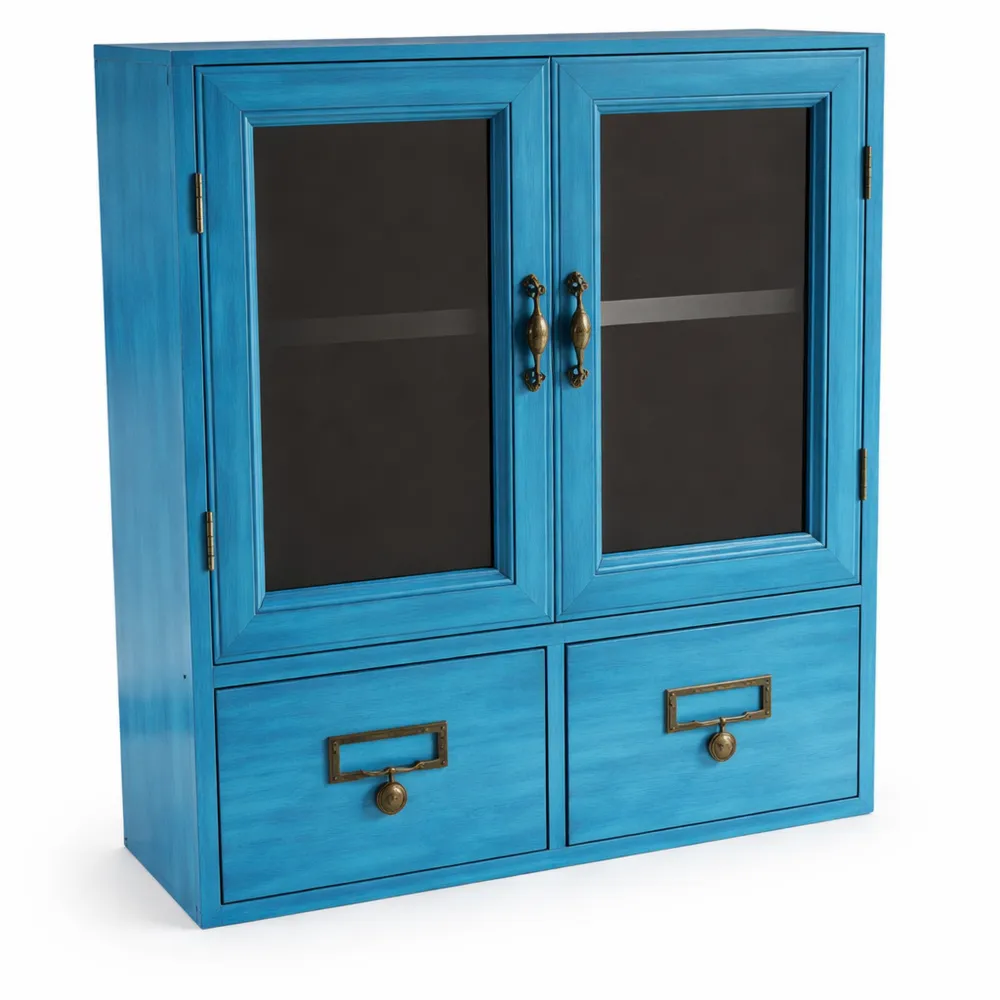 Armadio da Parete Vintage in Legno con Doppie Porte Blu, Mobile Shabby Chic per Casa