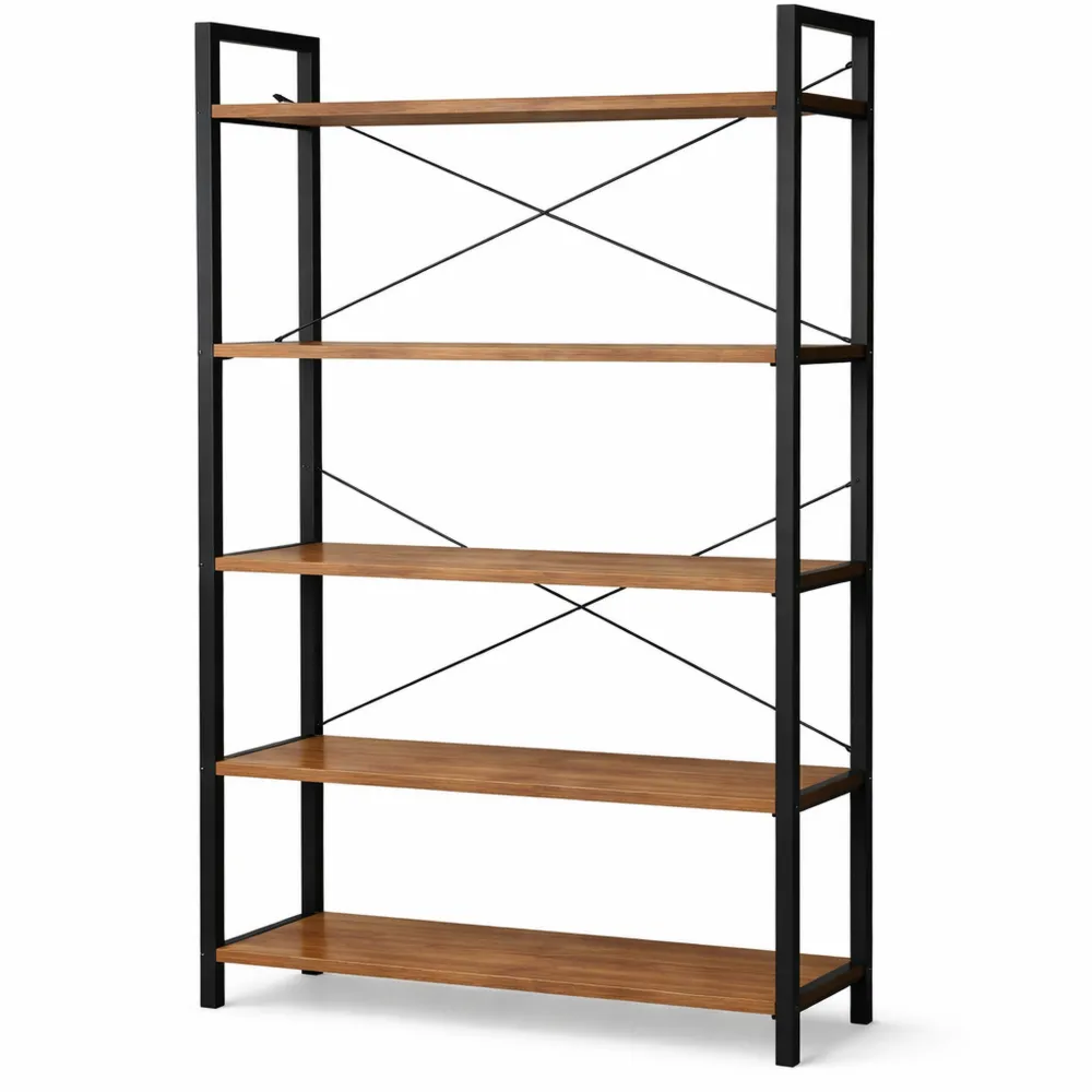 Libreria Alta a 6 Ripiani con Struttura in Acciaio, Scaffale Portaoggetti Industriale, Marrone Vintage e Nero