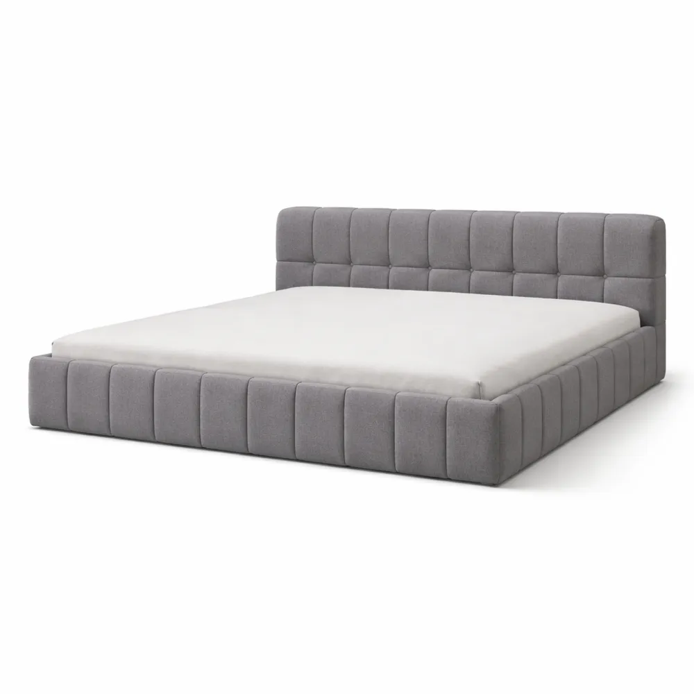 Letto matrimoniale imbottito 140 x 190 cm con schienale morbido e rete a doghe, design moderno in lino, colore grigio