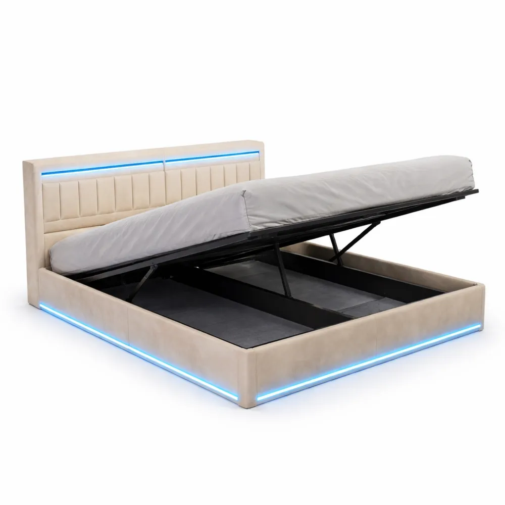 Letto con LED RGB, portaoggetti idraulico e porte USB, testiera contenitore, velluto beige