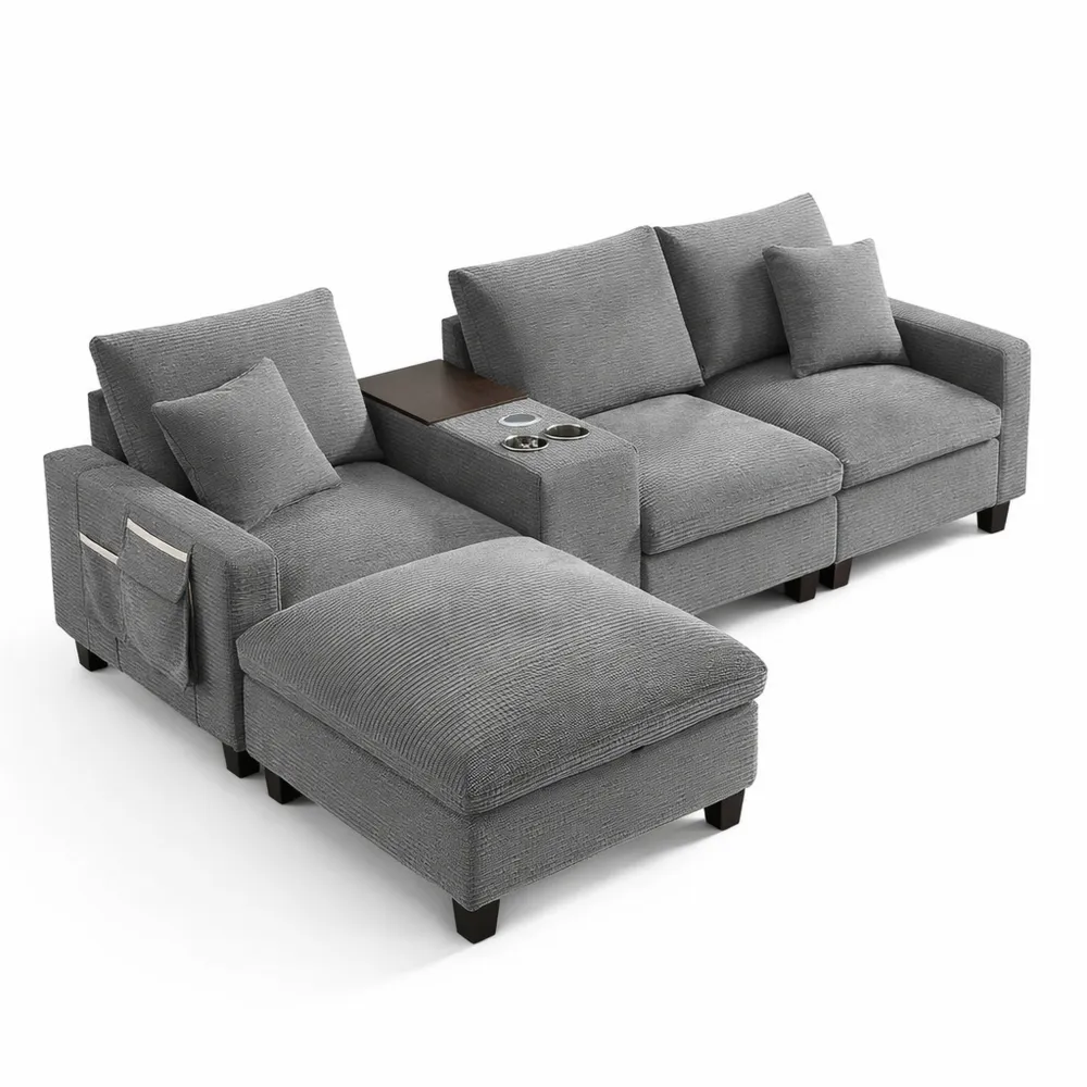 Divano angolare convertibile con porta USB e portabicchieri