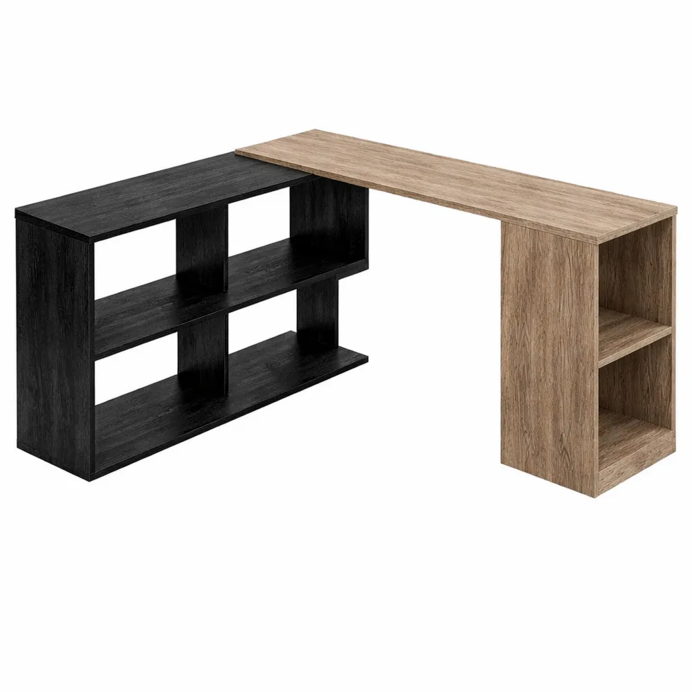 Scrivania Angolare Salvaspazio con Ripiano a S, Moderna in Legno, 140x120x78 cm, Grigio e Nero