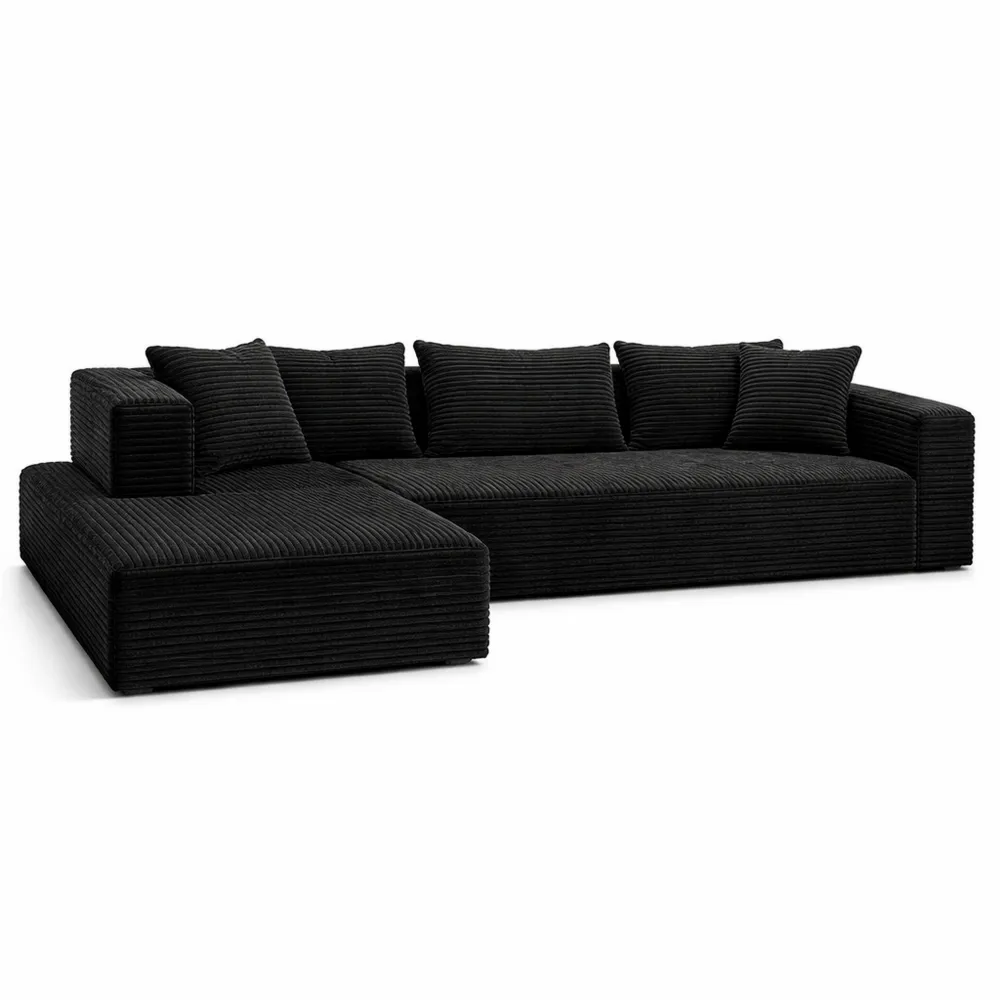 Divano angolare modulare oversize con seduta profonda e 5 cuscini in tessuto morbido nero