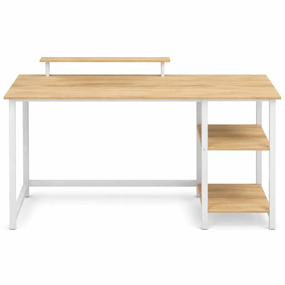 Scrivania da Ufficio e Gaming con Supporto Monitor, Tavolo per Computer con Ripiani Reversibili, Ideale per Piccoli Spazi, Beige