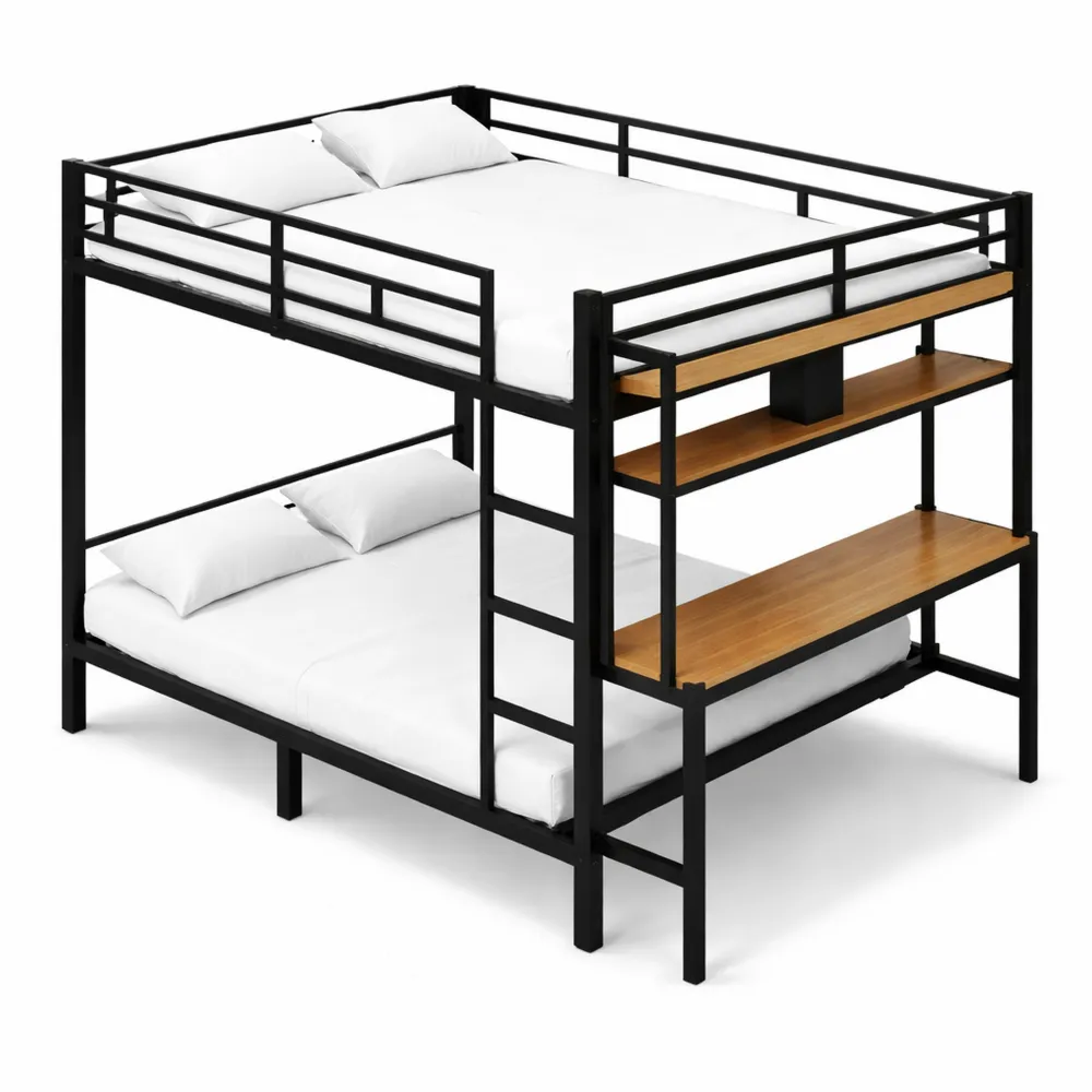 Letto a Castello con Scrivania e Porta USB, Struttura in Ferro, Scala e Ringhiera di Sicurezza