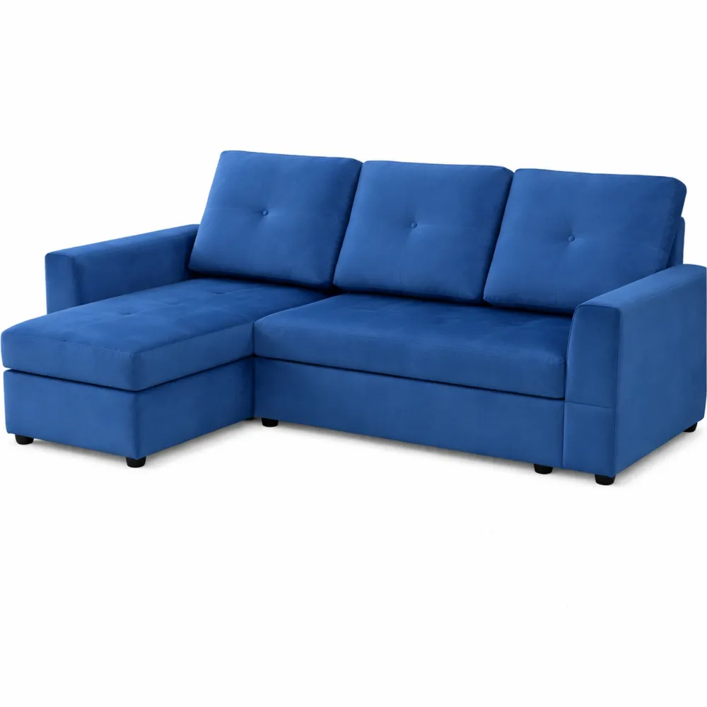 Divano Letto Angolare 3 Posti in Tessuto Vellutato con Chaise Longue e Contenitore, Blu