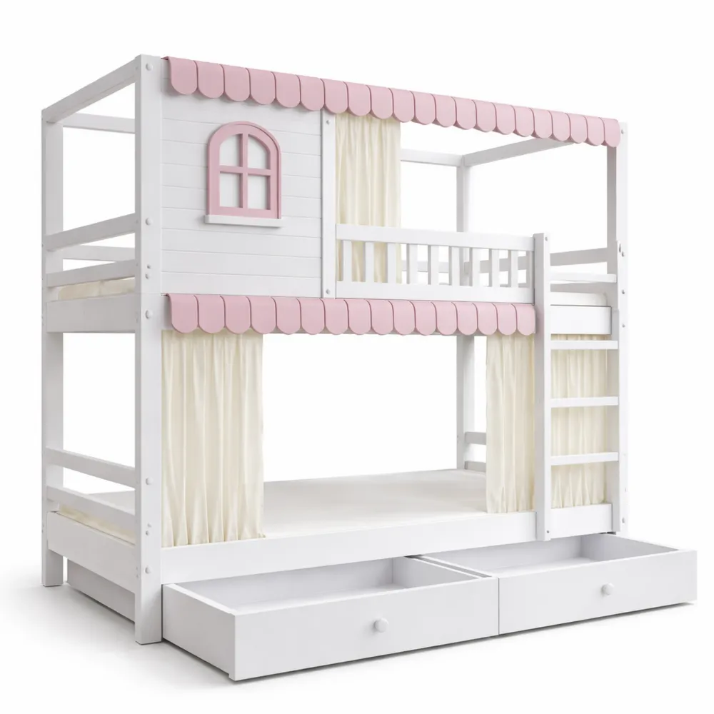 Letto a castello per bambini con finestre e tende, griglia anticaduta, scaffale e cassetti