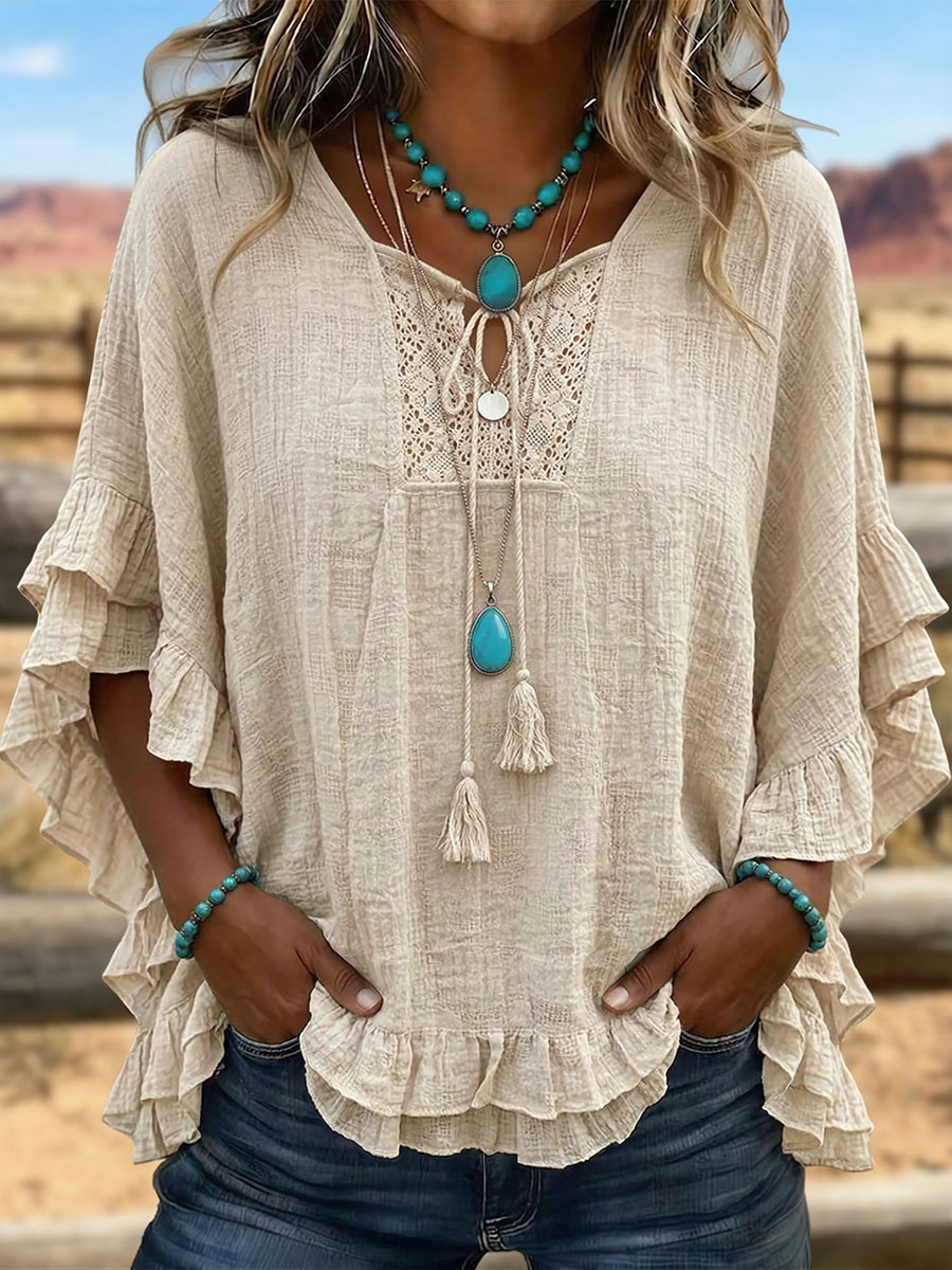 Vintage Art  Patchwork Hollow Design Cotton And Linen Shirt