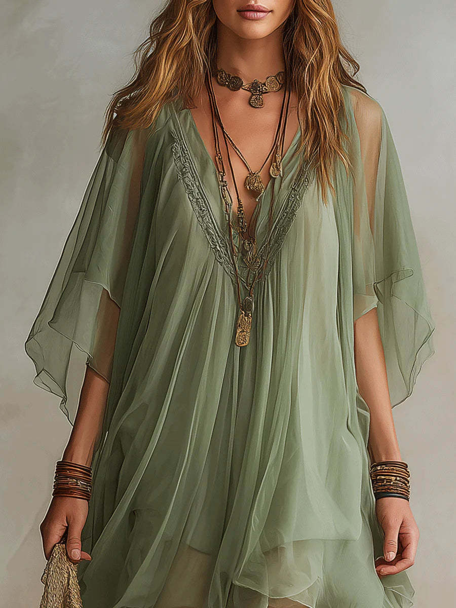 Loose-fitting, Flowy V-neck Chiffon Dress