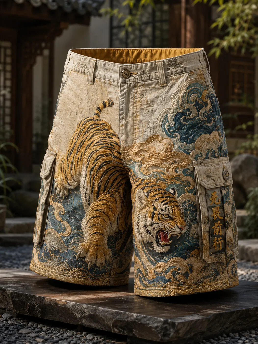 Men's Vintage Japanese Tiger Wave Art Print Casual Shorts
