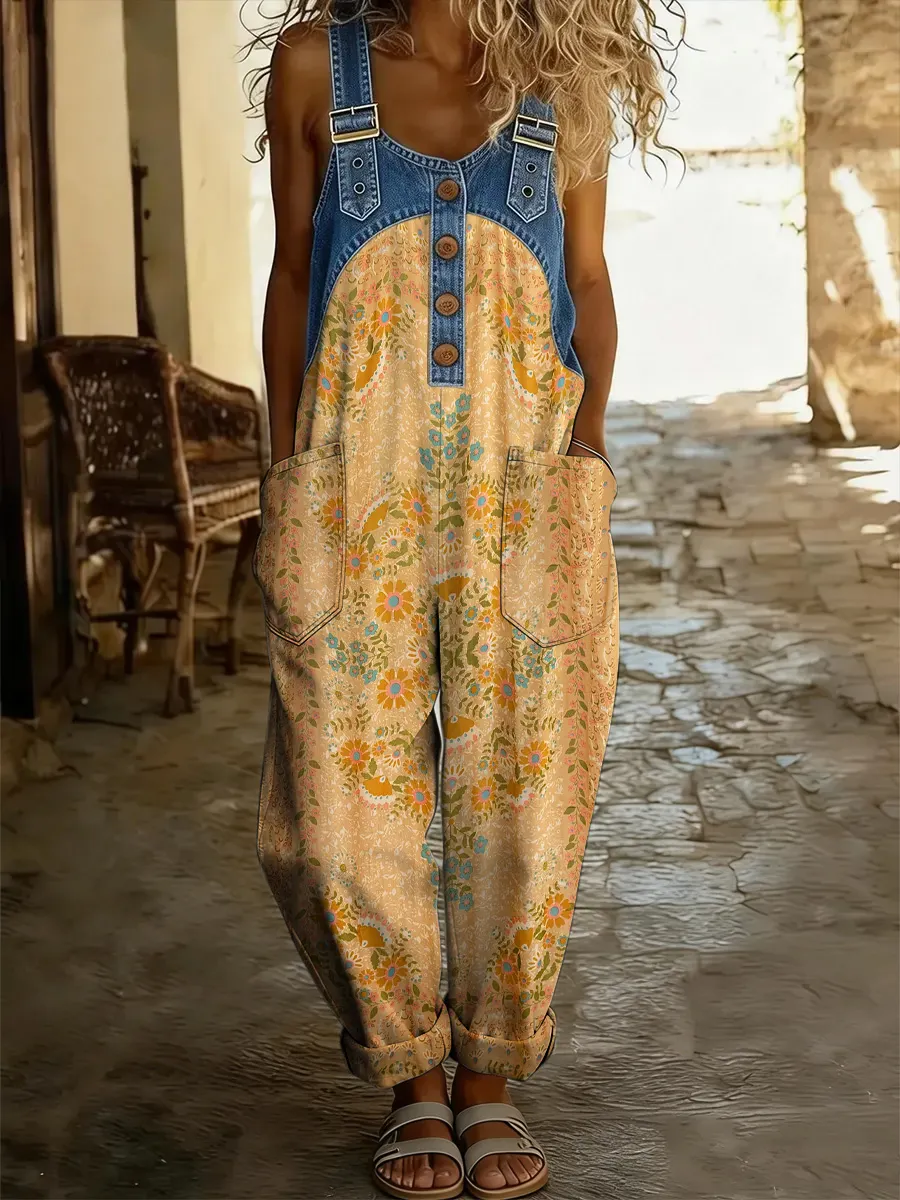 Women's Retro Floral Color-Blocked Art Print Washed Cotton Denim Patchwork Jumpsuit
