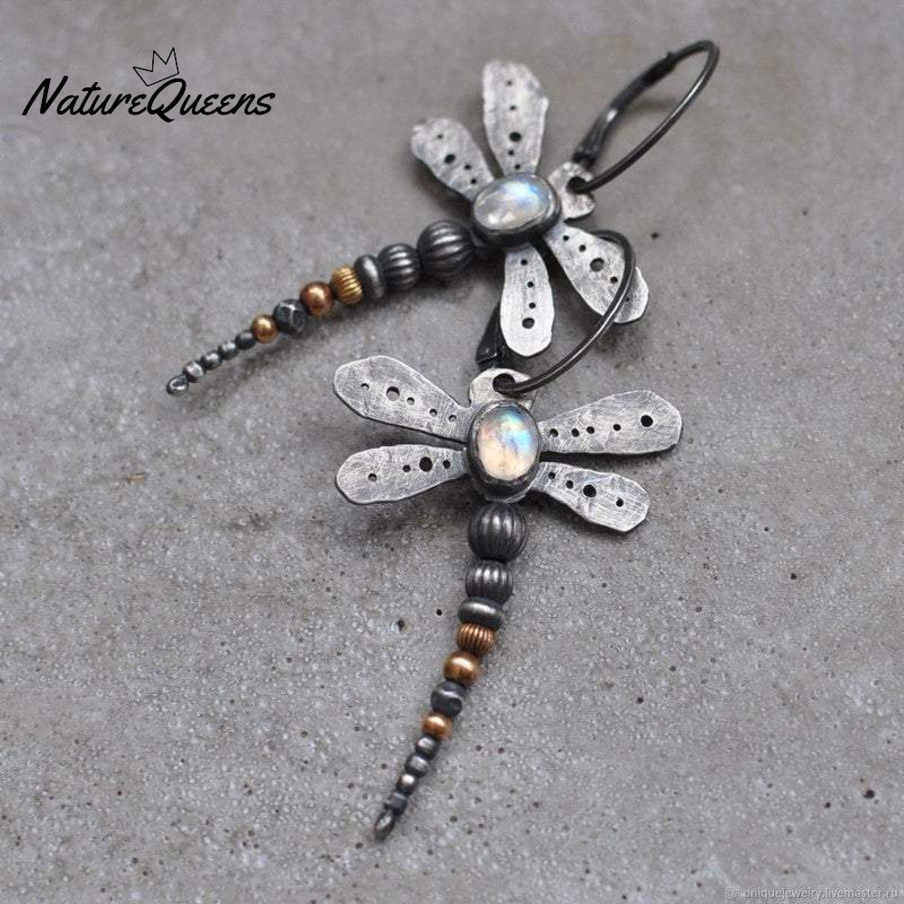 Round moonstone dragonfly earrings