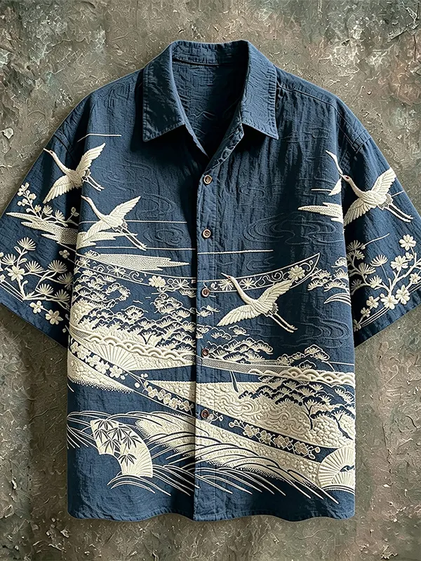 Men's  Japanese Ukiyo-e Crane Wave Art Print Casual Shirt