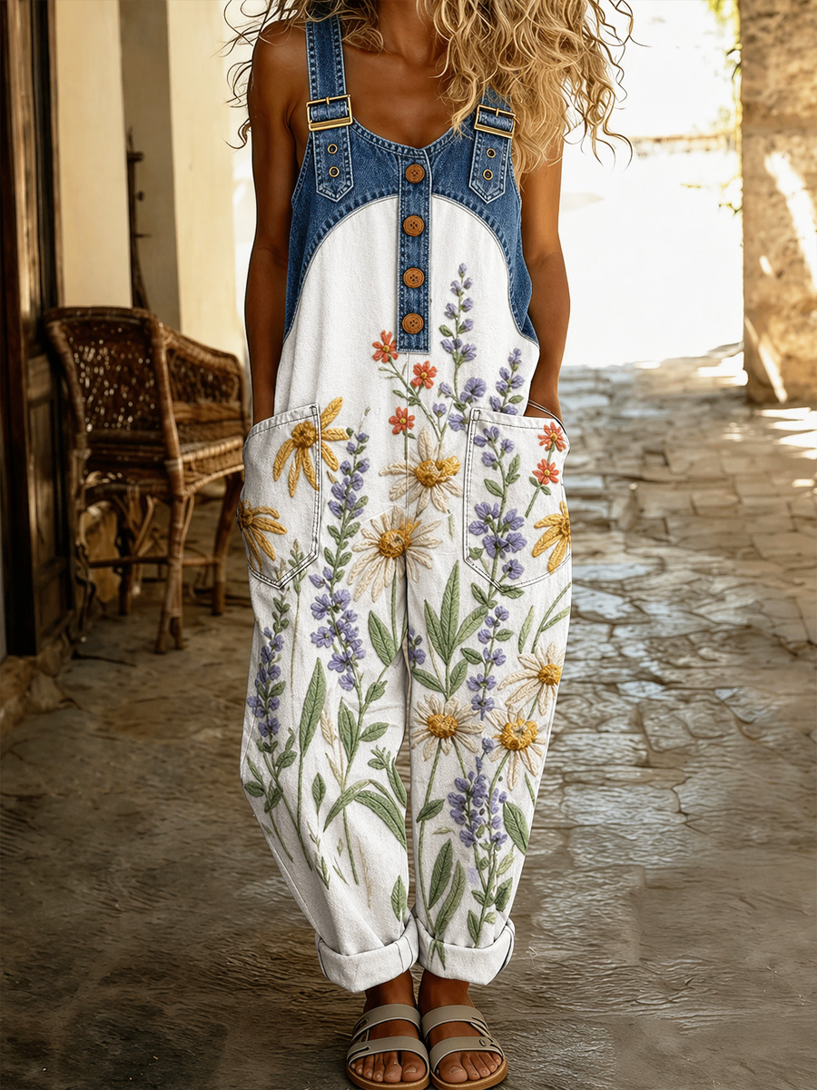 Women's Retro Style Print Washed Cotton Denim Patchwork Jumpsuit