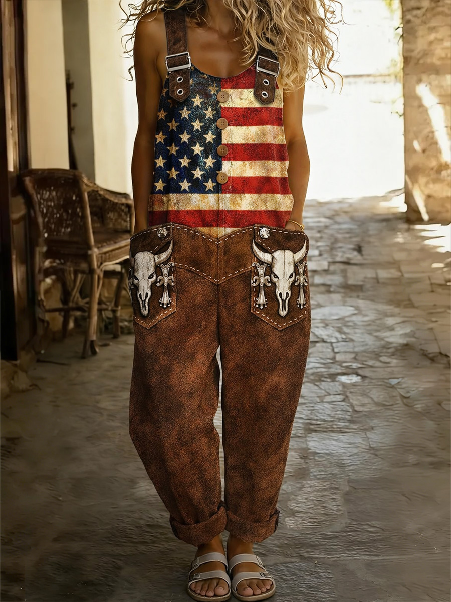 Women's Western USA Flag Art Print Washed Cotton Denim Patchwork Jumpsuit