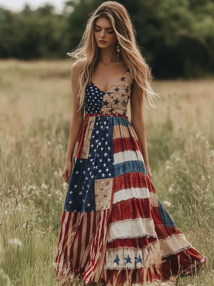 Vintage Independence Day Print Linen Tank Dress 33f6