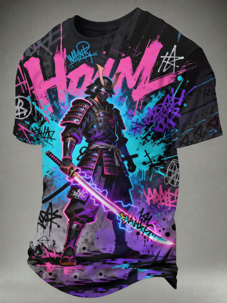 Men's Neon Graffiti Samurai Warrior Print T-Shirt