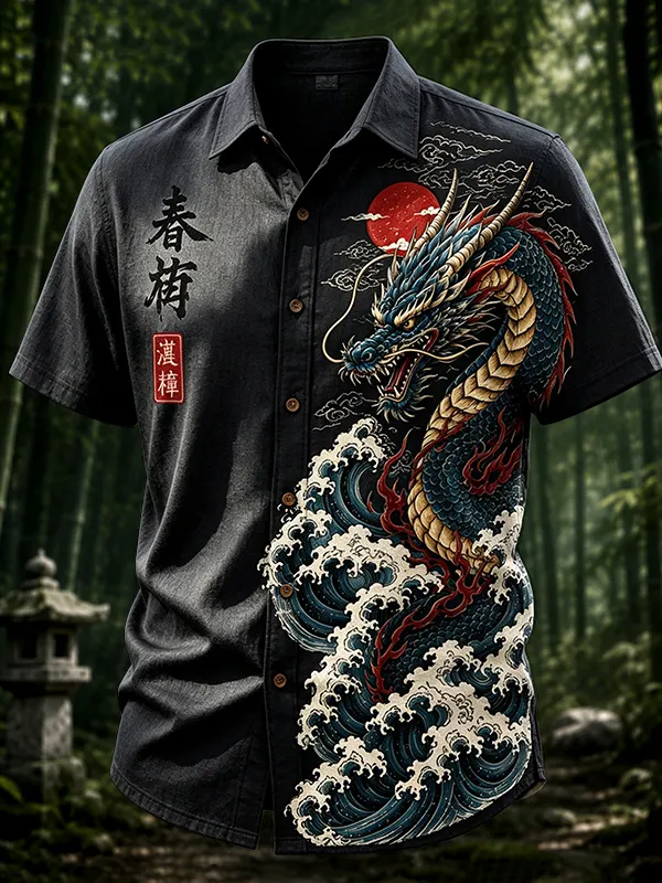 Men's Dragons and Waves Japanese Art Print Casual Shirt