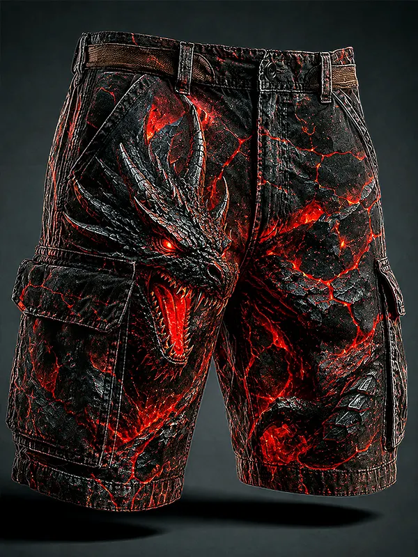 Men's Angry Red-Eyed Dragon Art Print Casual Shorts