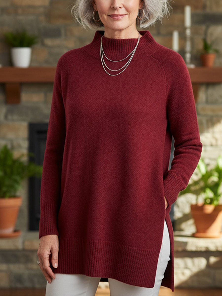 New Arrivals🔥 Women's Soft Mock Neck Tunic Sweater - Long Sleeve Ribbed Knit Pullover Tops with Side Slits (Loose Fit S-5XL)