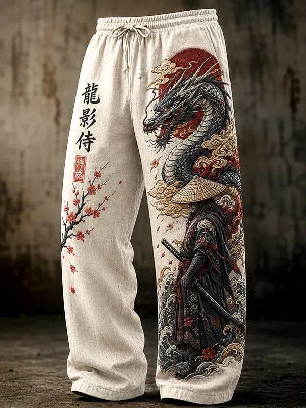 Men's Samurai And Dragon Japanese Art Print Loose Drawstring Waist Pants